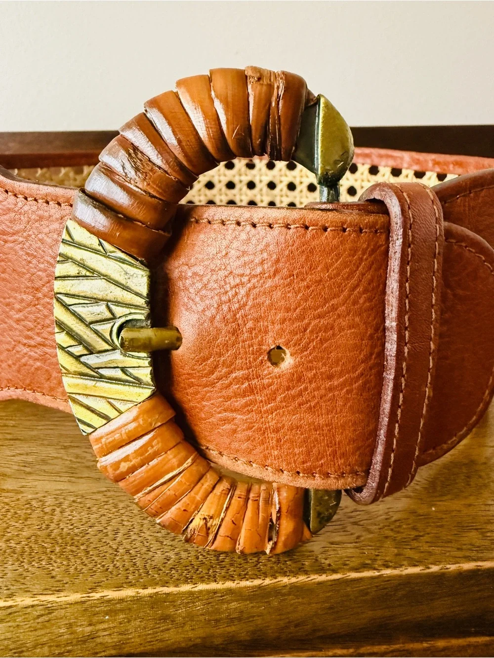Vintage 80s LE COURIER Italy Woven Rattan/Cane and Leather Corset Boho Belt S/M